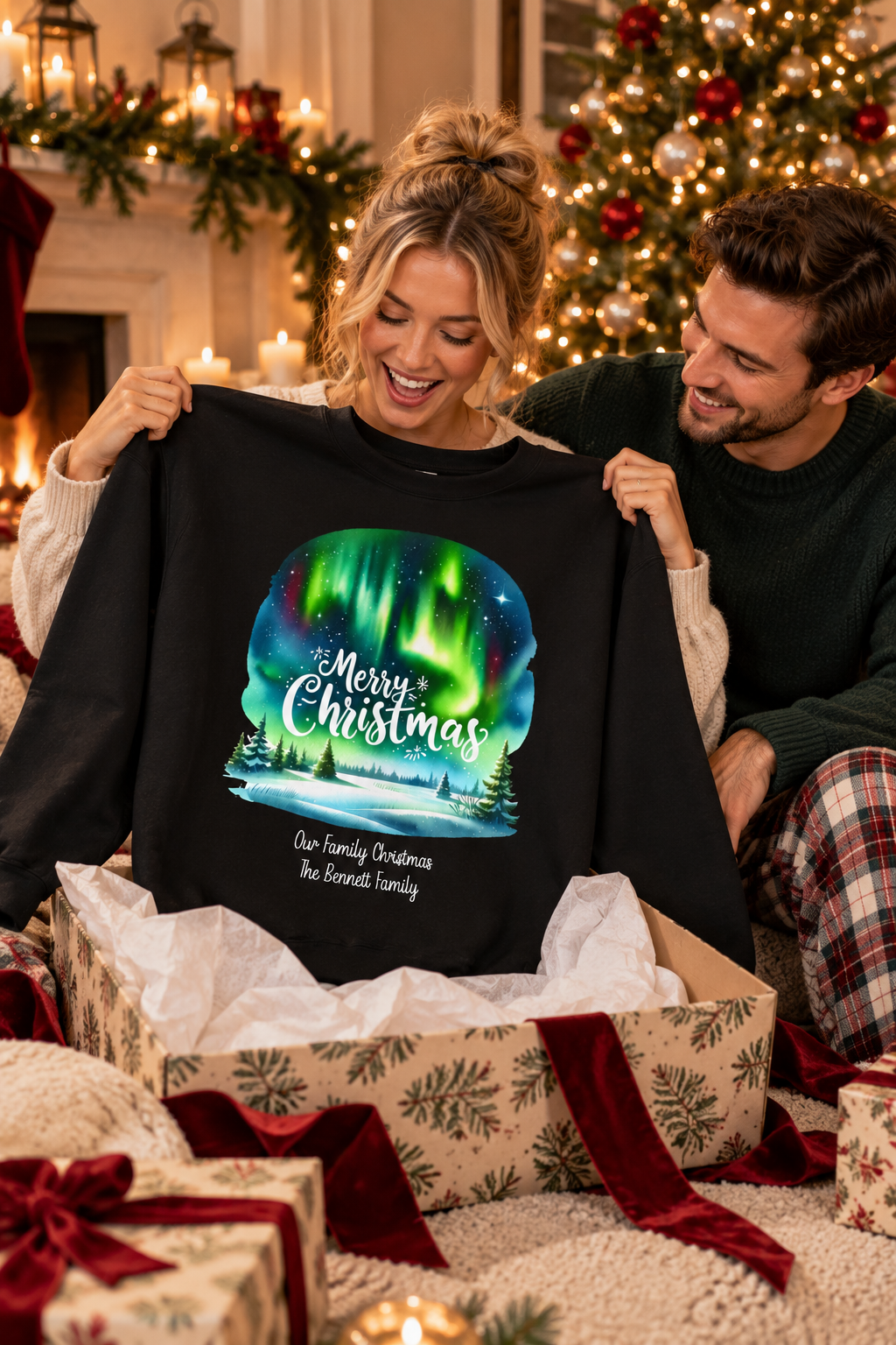 Black personalized Northern Lights Family Christmas sweatshirt, couple unwrapping it as a Christmas gift, lifestyle photo