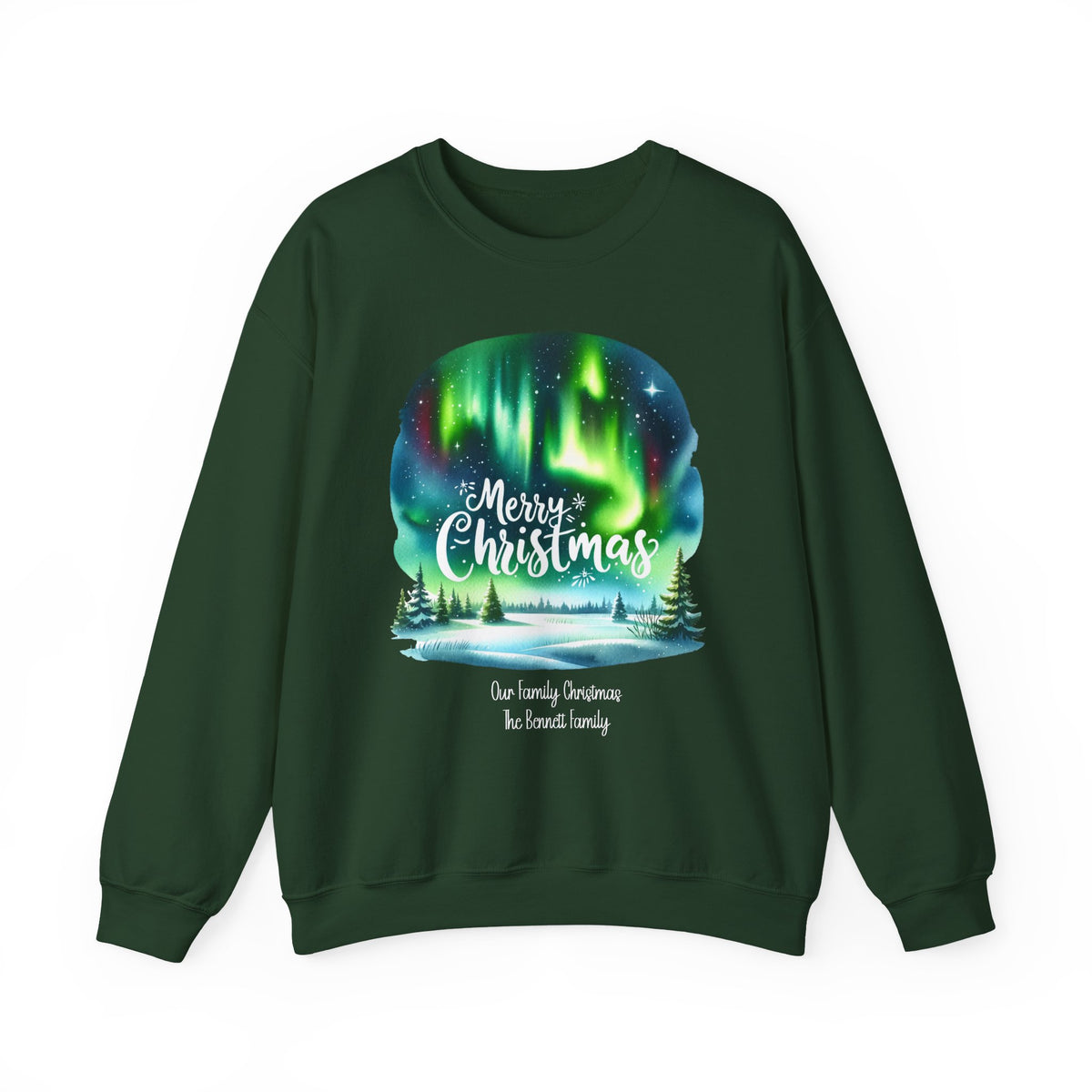 Forest Green personalized Northern Lights Family Christmas sweatshirt, front view