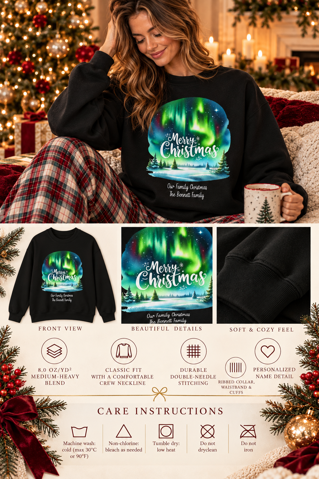 Personalized Northern Lights Family Christmas sweatshirt infographic with features, gift details and care instructions