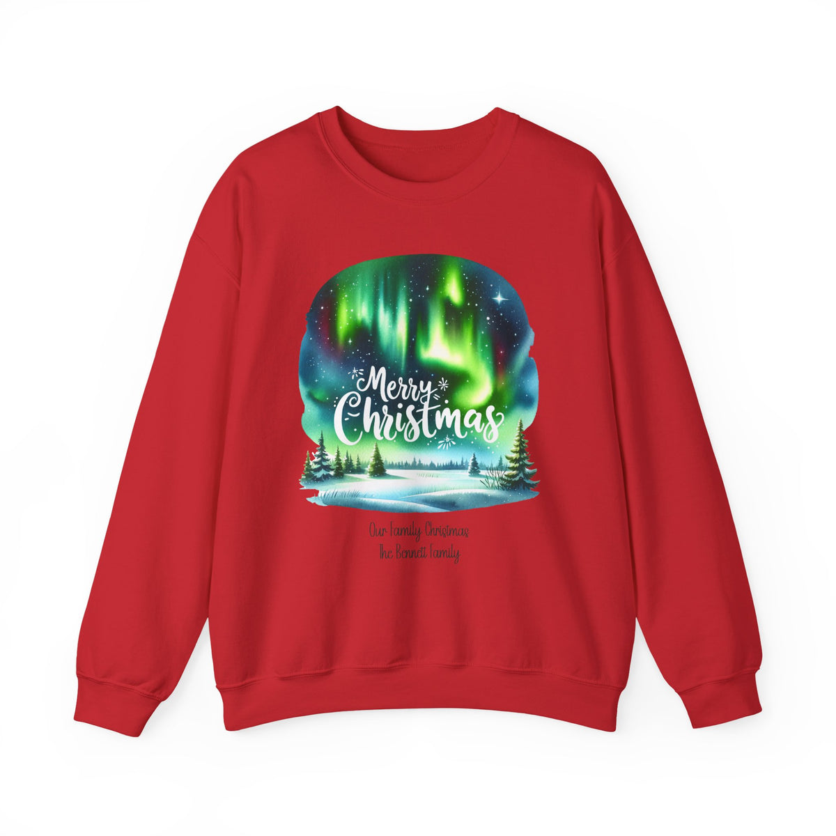 Red personalized Northern Lights Family Christmas sweatshirt, front view