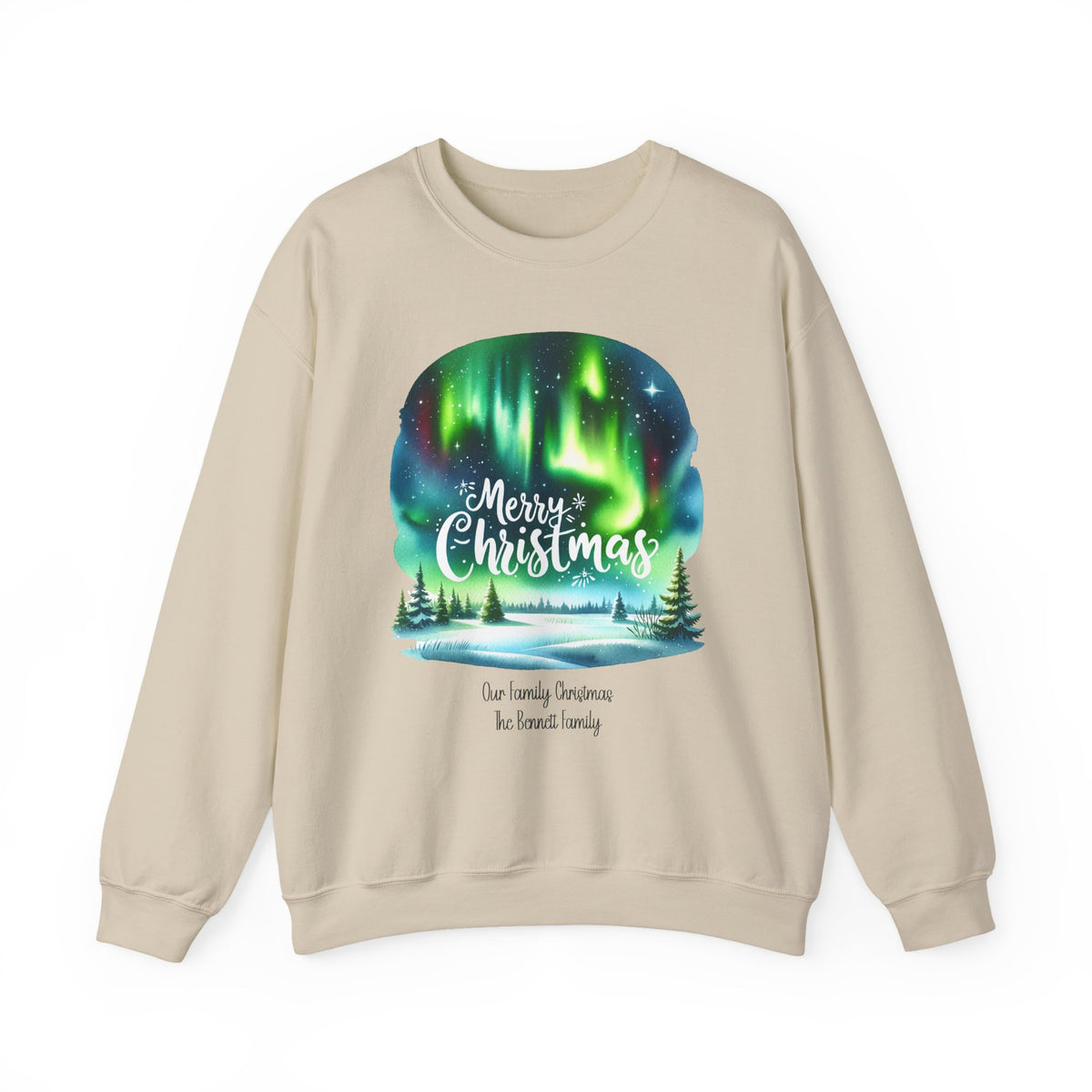 Sand personalized Northern Lights Family Christmas sweatshirt, front view
