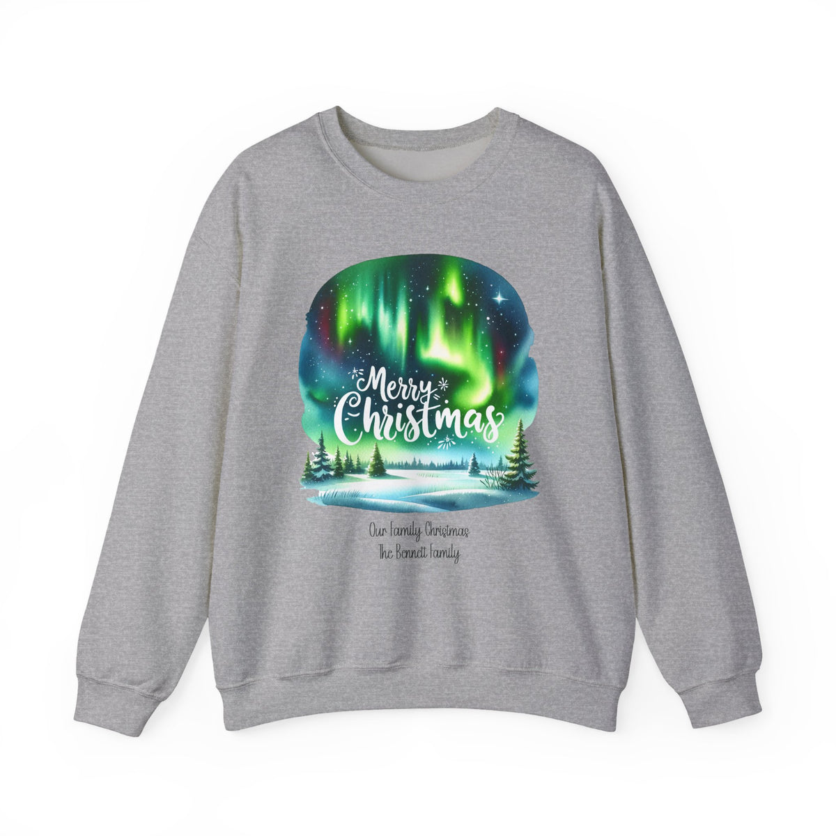 Sport Grey personalized Northern Lights Family Christmas sweatshirt, front view