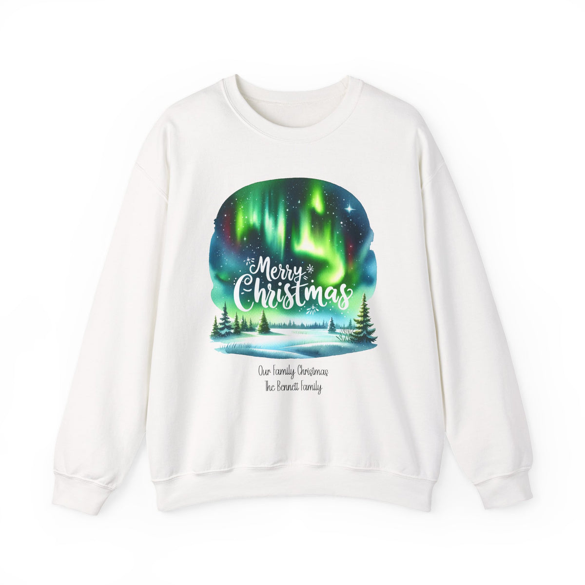 White personalized Northern Lights Family Christmas sweatshirt, front view