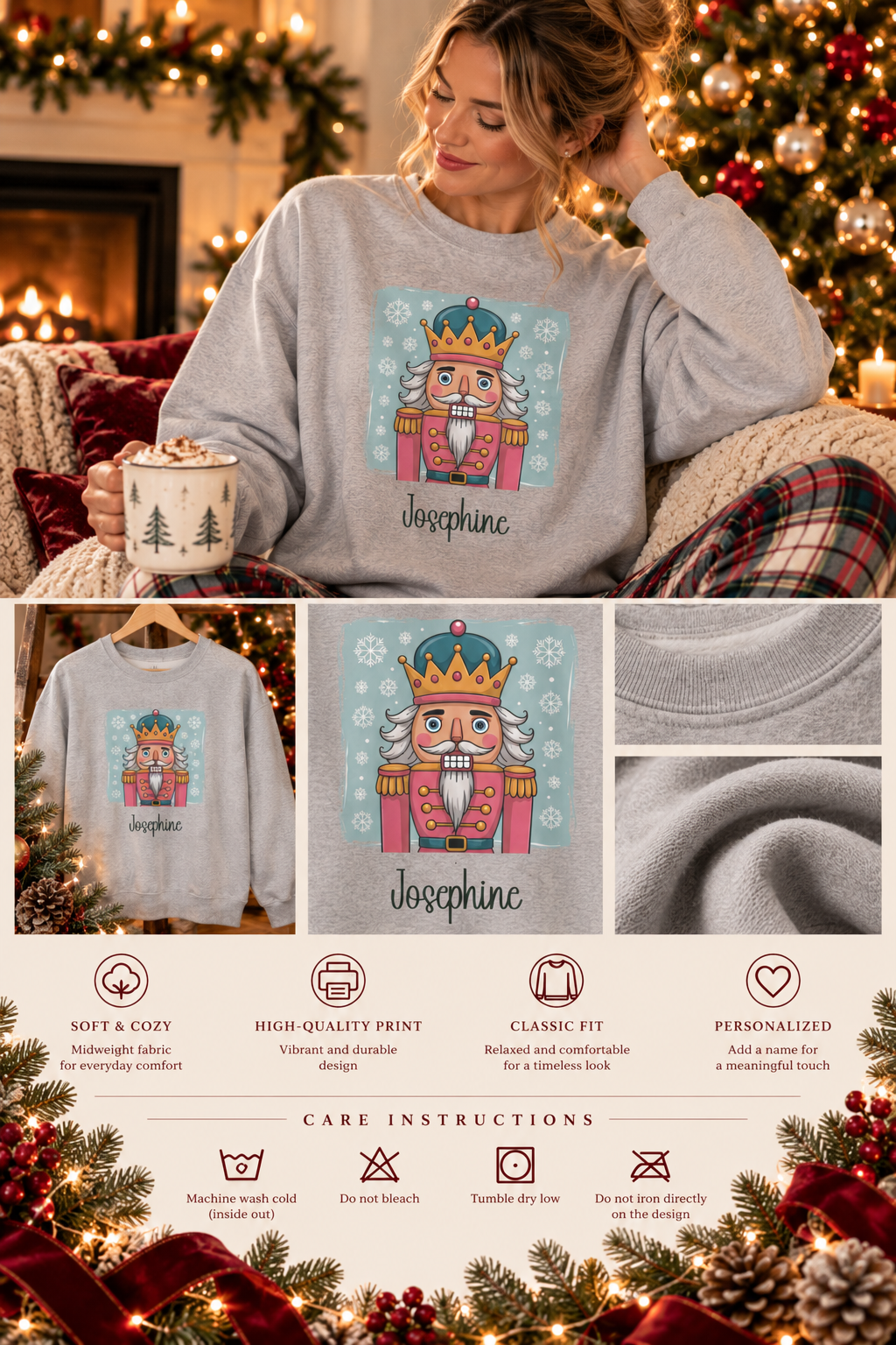 Personalized Nutcracker sweatshirt infographic with features, gift details and care instructions