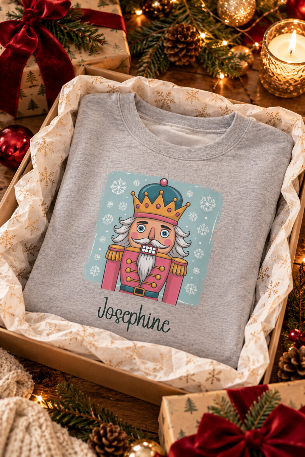 Sport Grey personalized Nutcracker sweatshirt, in a Christmas gift box, lifestyle photo