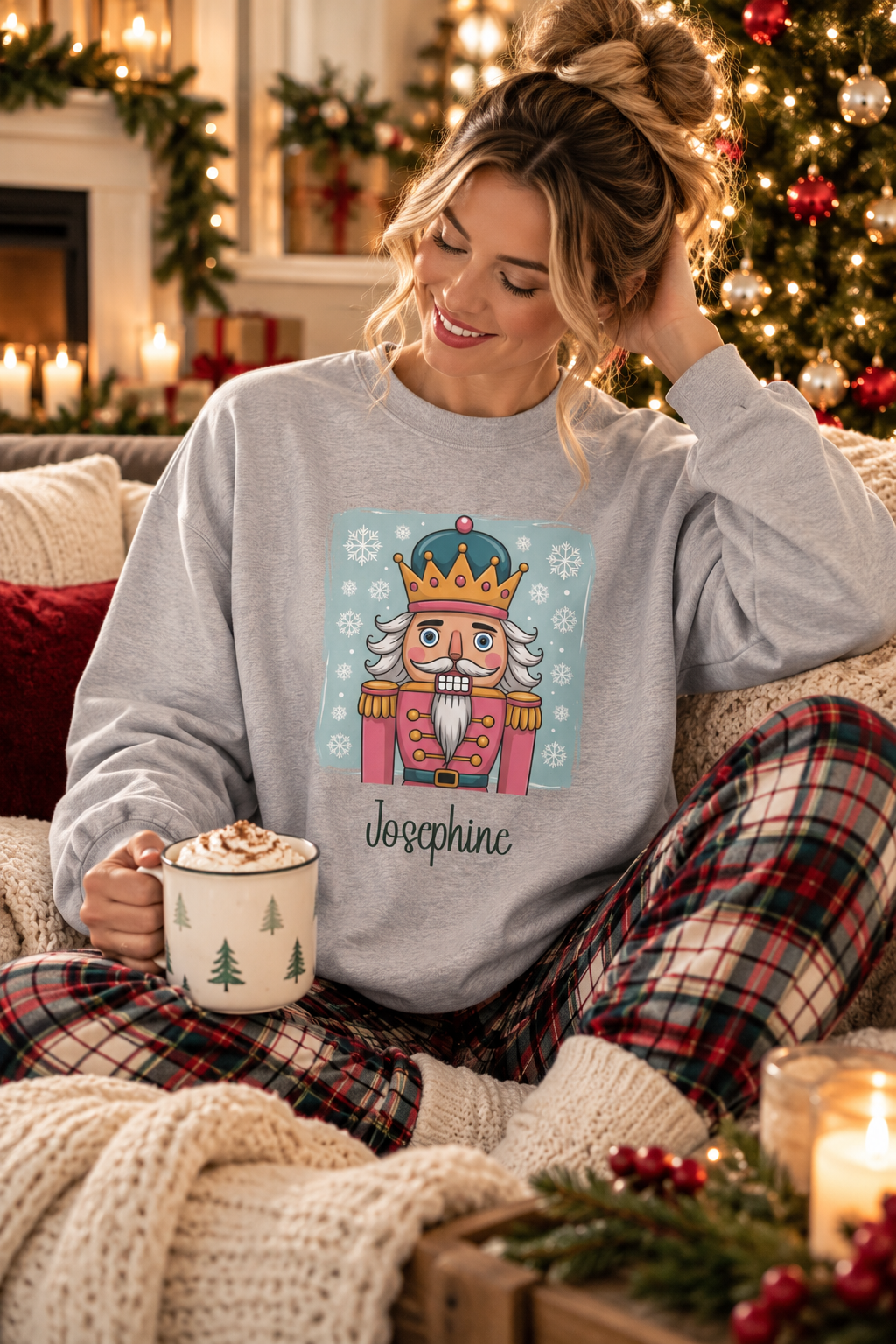 Sport Grey personalized Nutcracker sweatshirt, lifestyle photo by the Christmas tree