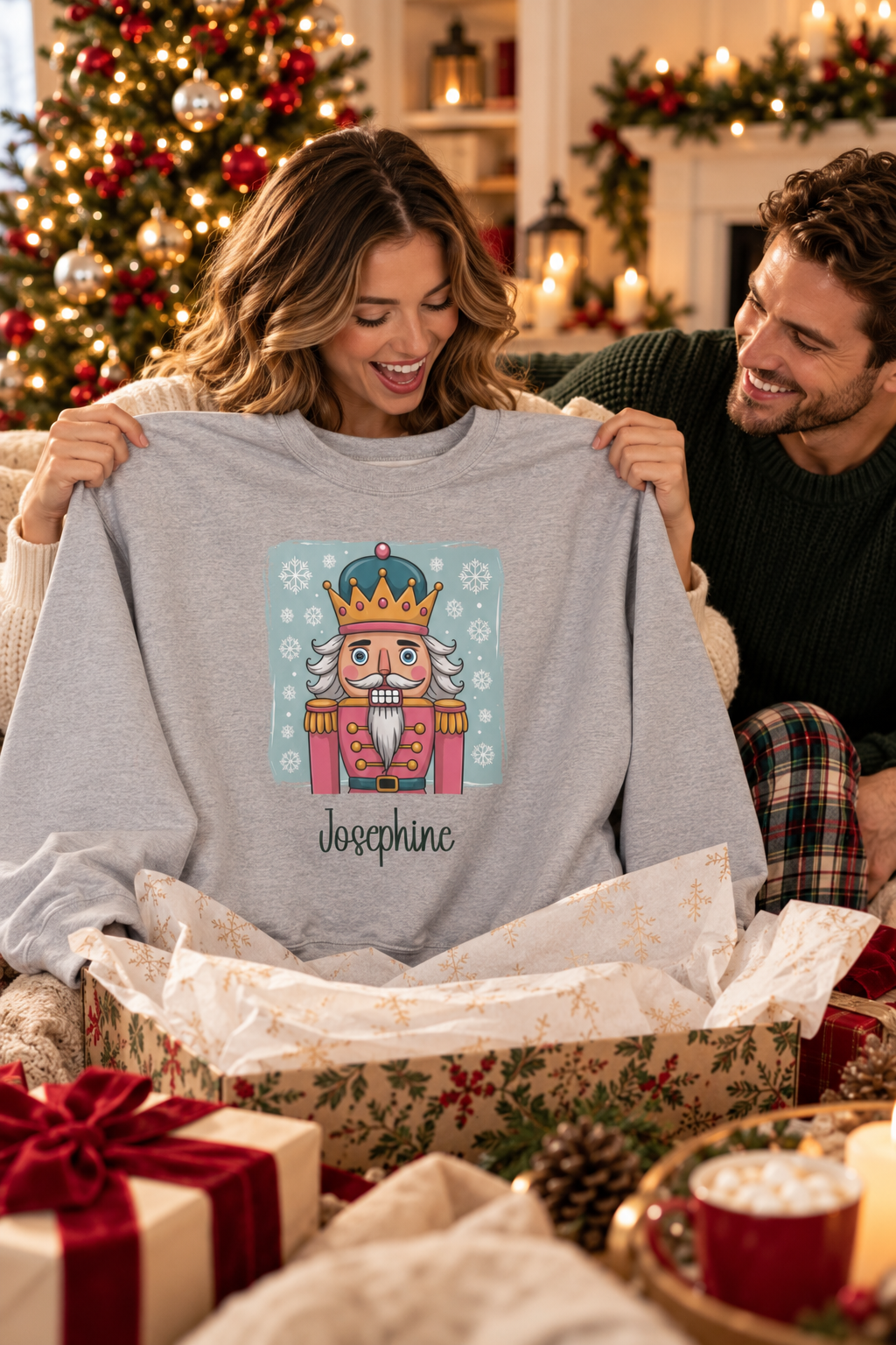 Sport Grey personalized Nutcracker sweatshirt, couple unwrapping it as a Christmas gift, lifestyle photo