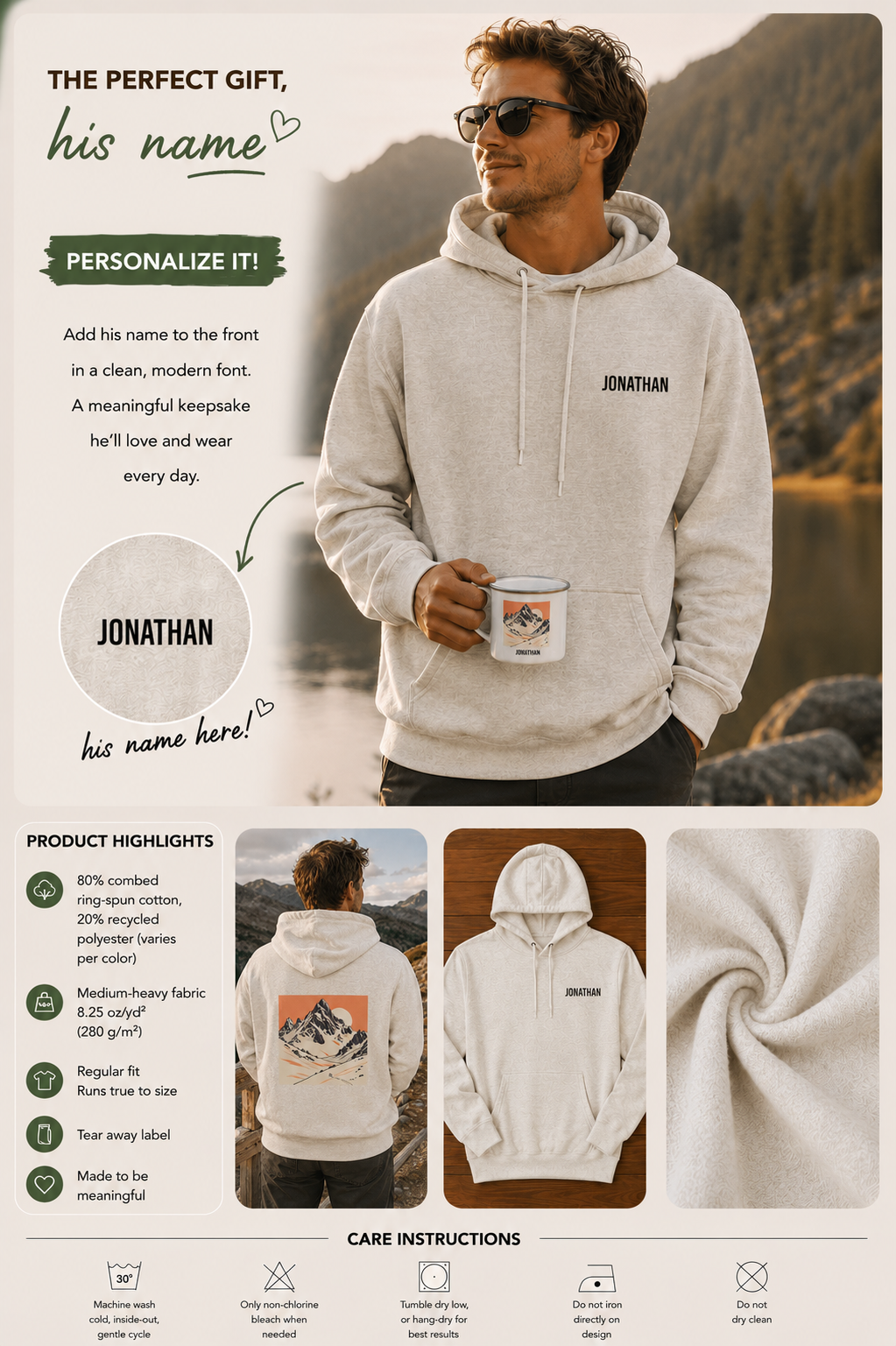A informational product graphic for a customizable hoodie. The main visual shows a man wearing a light gray hoodie with a personalizable name printed on the chest, set against a scenic mountain lake background. Gift for him, dad, boyfriend, grandpa.