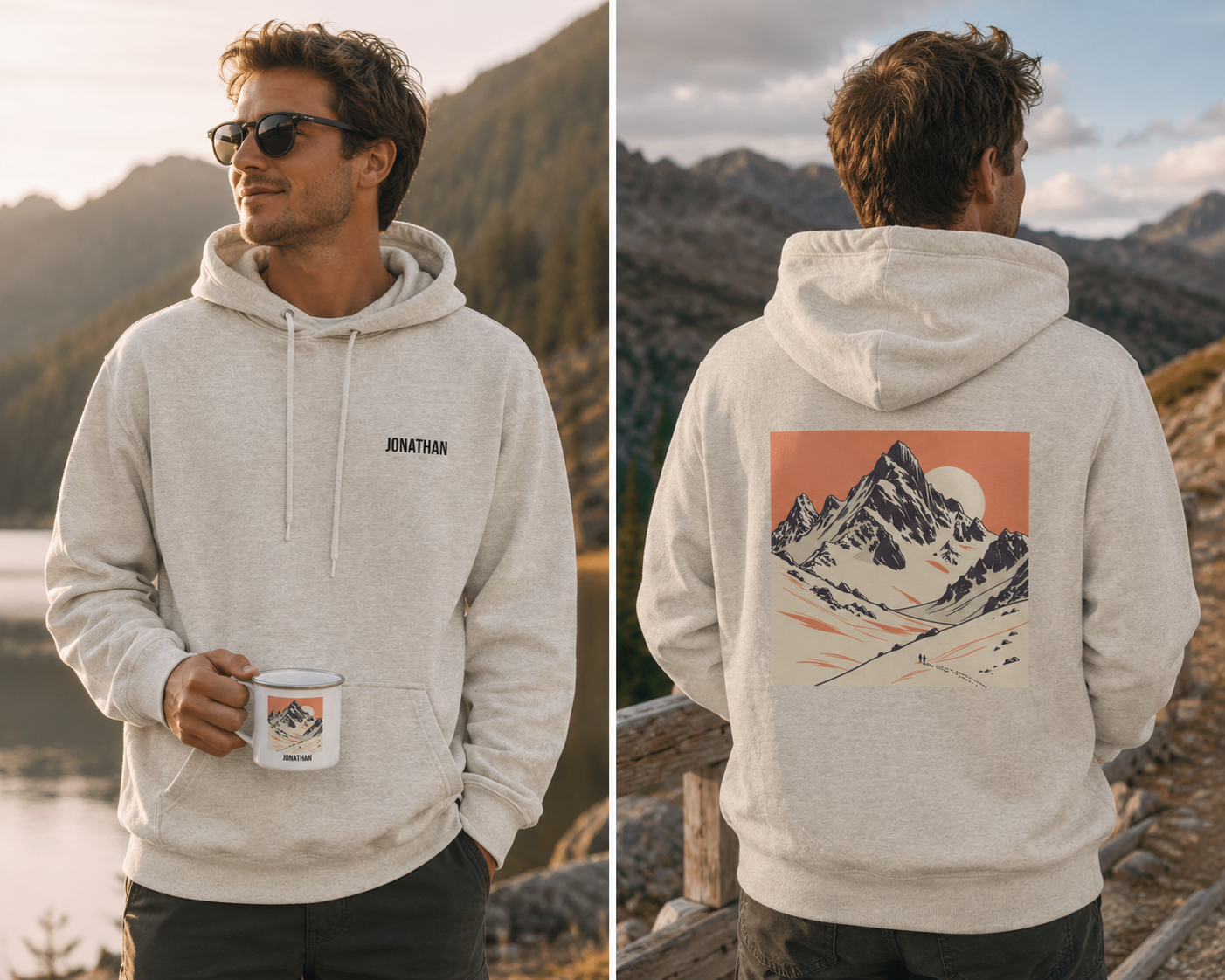 A man wearing a light heather gray hoodie is shown in a split front-and-back view outdoors against a mountain landscape. The front has a small black 'JONATHAN' text print on the chest, and the back features a large square graphic of a snowy mountain peak with a sun and abstract sky in peach, black, and cream tones. Gift for him or dad.
