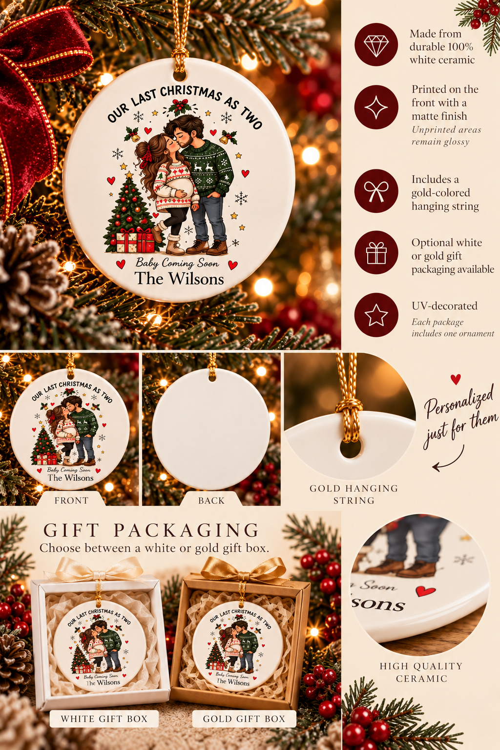 Personalized Our Last Christmas as Two ornament infographic with features, gift packaging options and care instructions