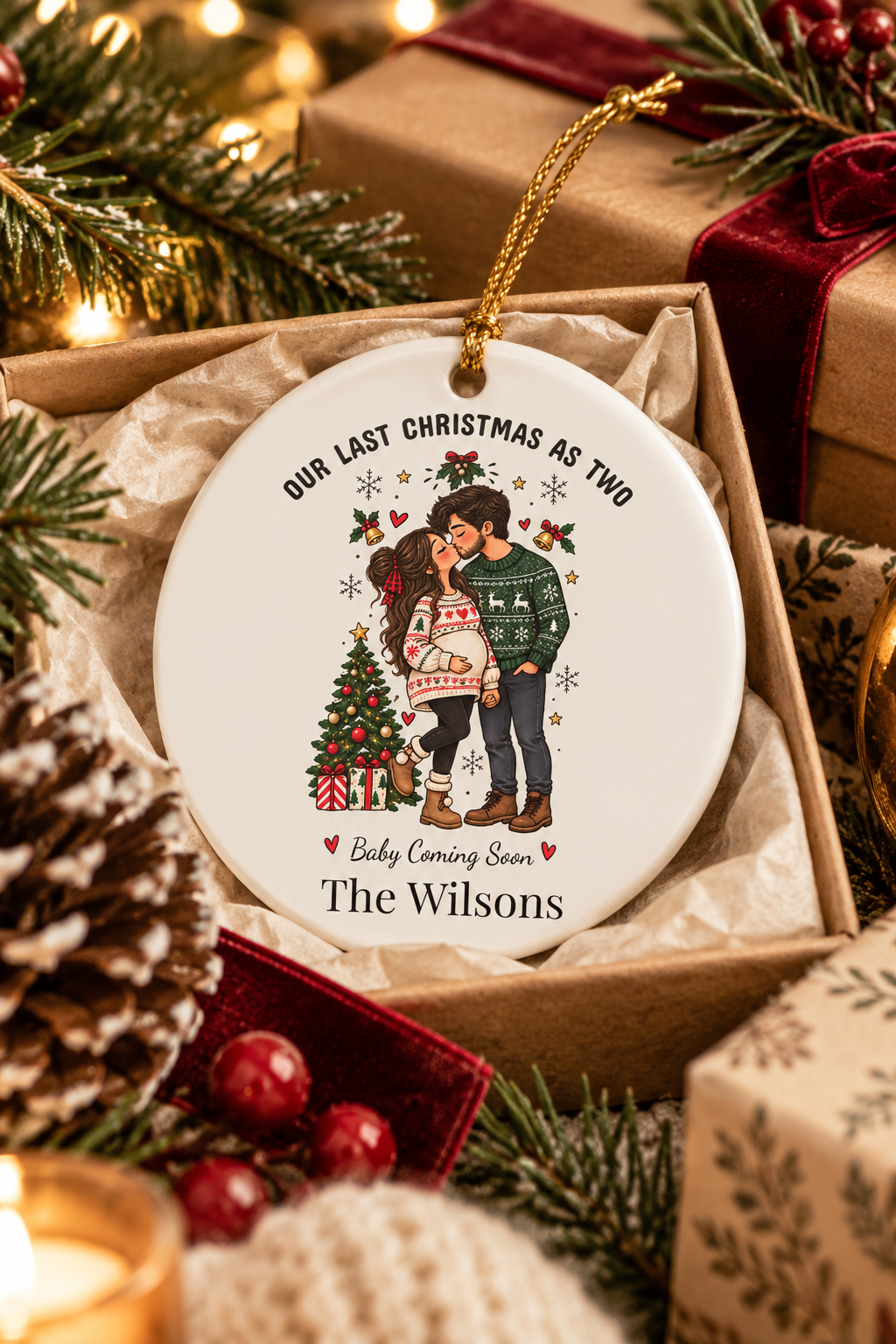 Our Last Christmas as Two ornament nestled in a kraft gift box with crinkle paper, ready to give