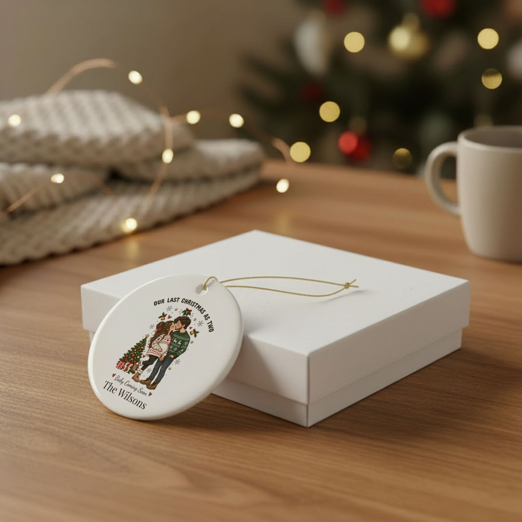 Our Last Christmas as Two ornament leaning against a white gift box on a wooden table
