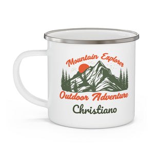 Personalized "Mountain Explorer Outdoor Adventure" Enamel Mug – Camping Mug for Him, 12oz