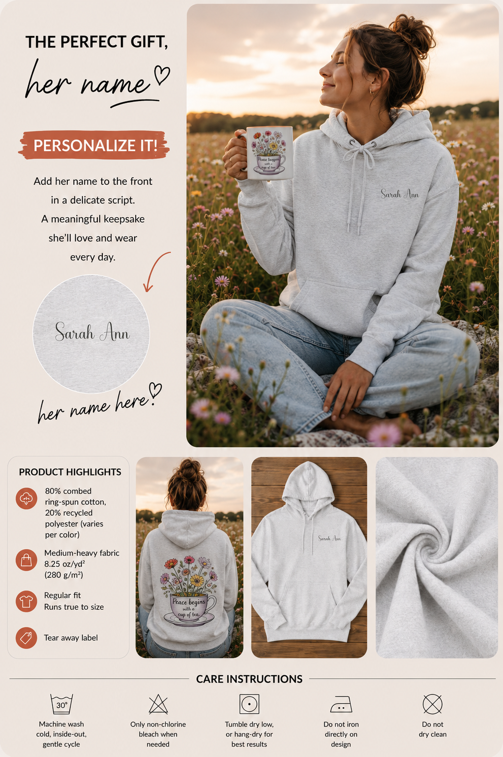 Informational images of the personalized hoodie printed with "Peace Begins with a Cup of Tea" and embroidered name 