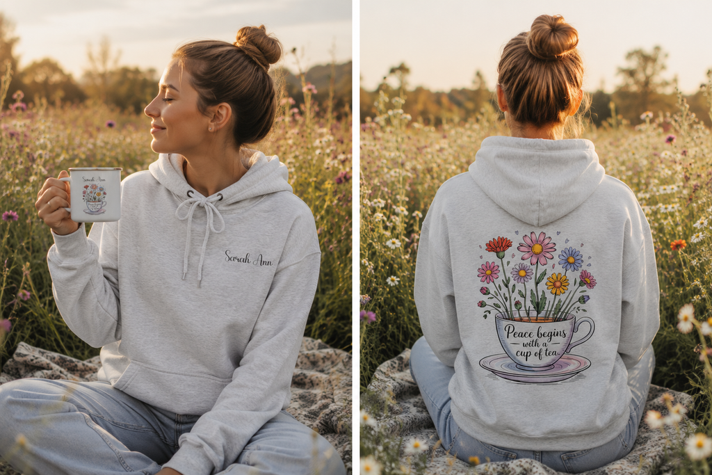 Lifestyle images of the personalized hoodie printed with "Peace Begins with a Cup of Tea" and embroidered name front and back view