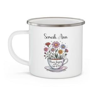 Personalized "Peace Begins with a Cup of Tea" Enamel Mug – Tea Lover Gift for Her, 12oz