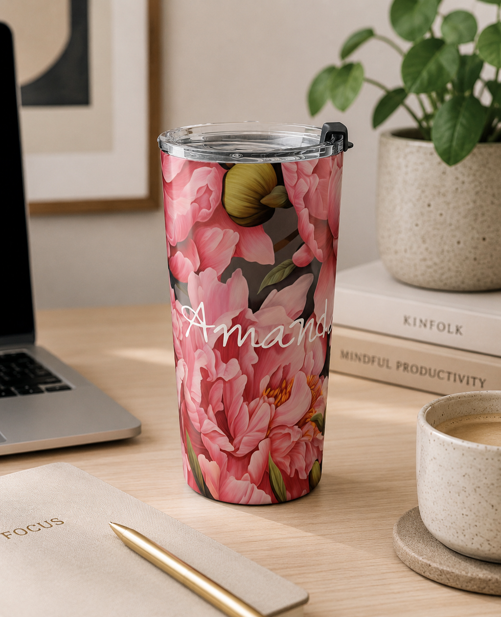 Personalized peony tumbler shown from another angle to display the full floral design