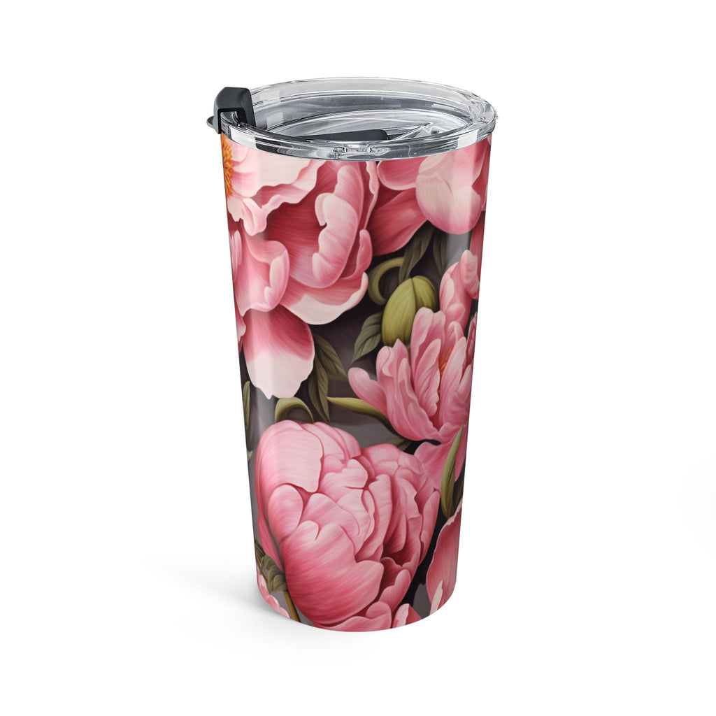 Personalized peony tumbler held in hand to show the custom name placement