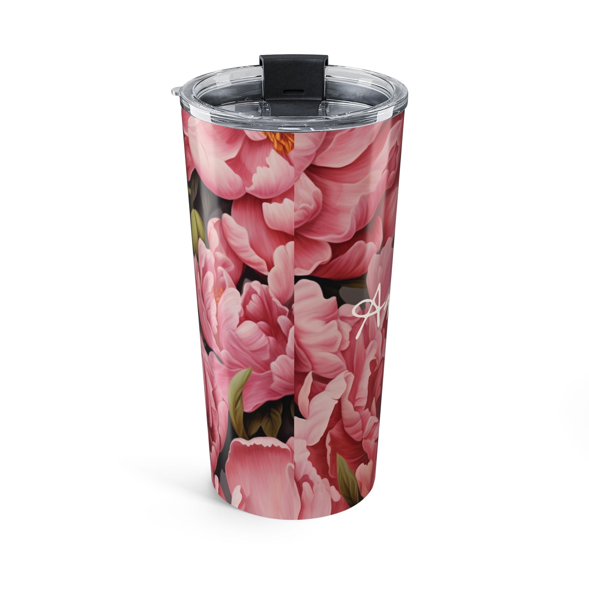 Close-up of the clear push-on lid on the peony stainless steel tumbler