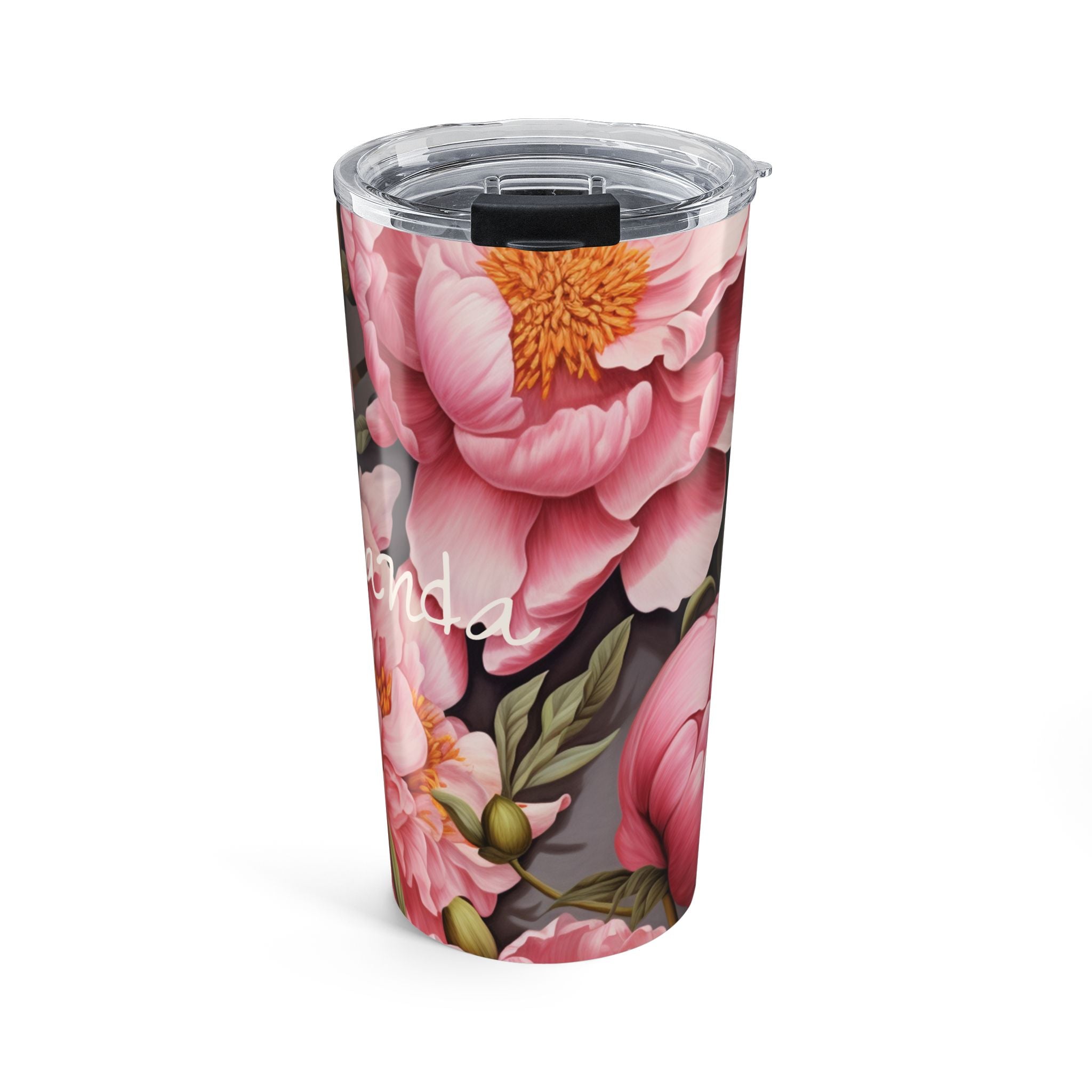 Side view of the pink peony tumbler showing the floral design wrapping around