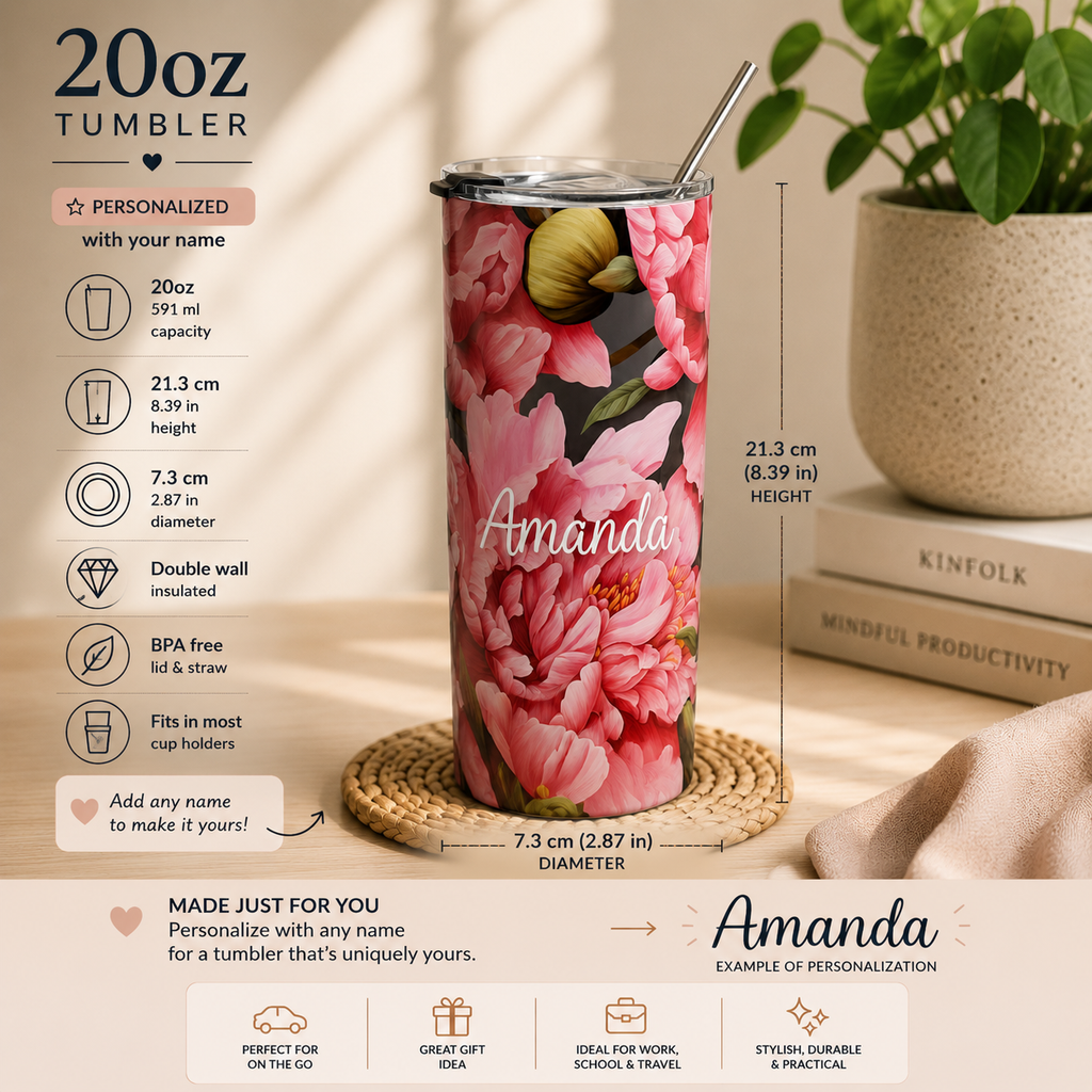Personalized peony tumbler with information and sizes