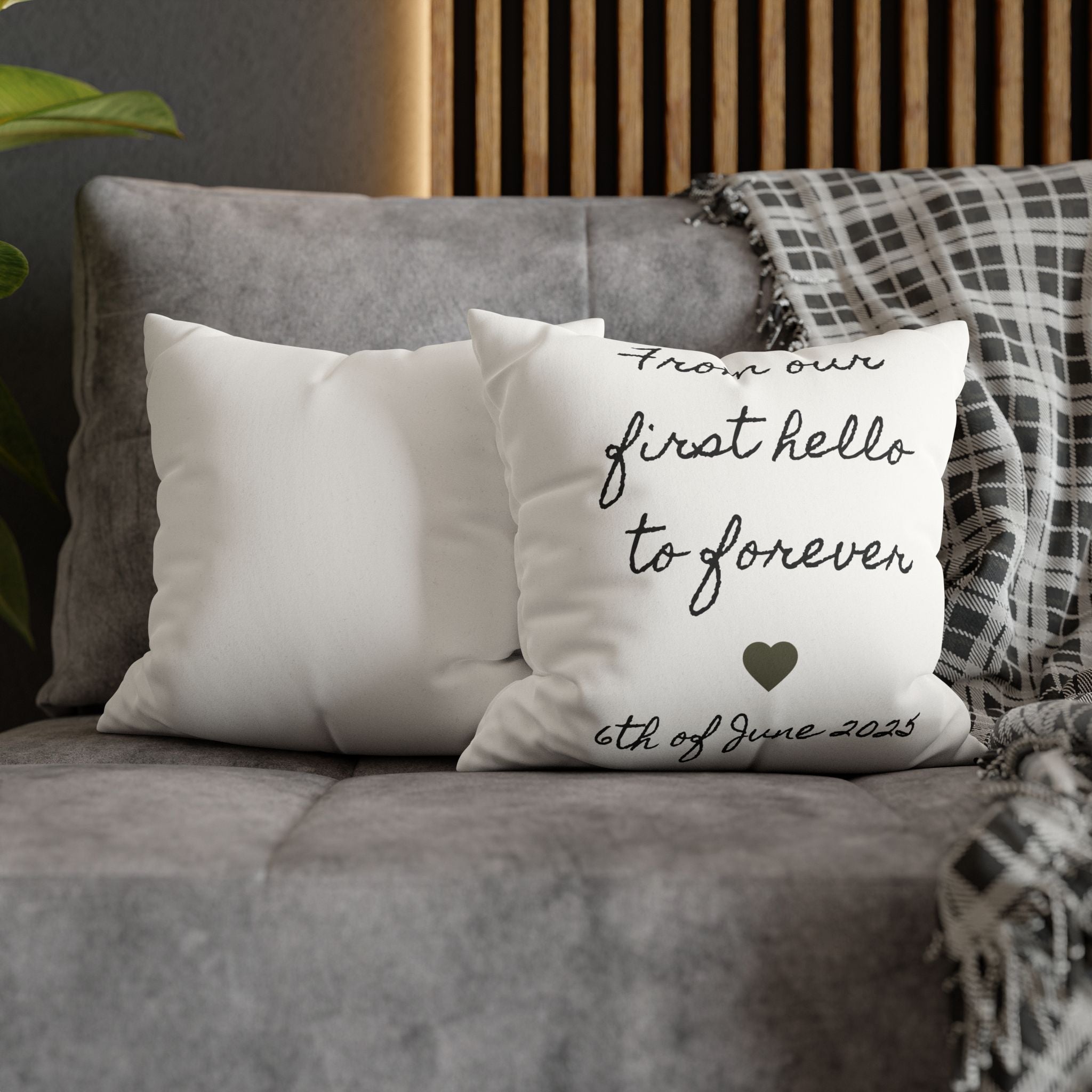 Personalized anniversary pillow displayed in a styled home setting