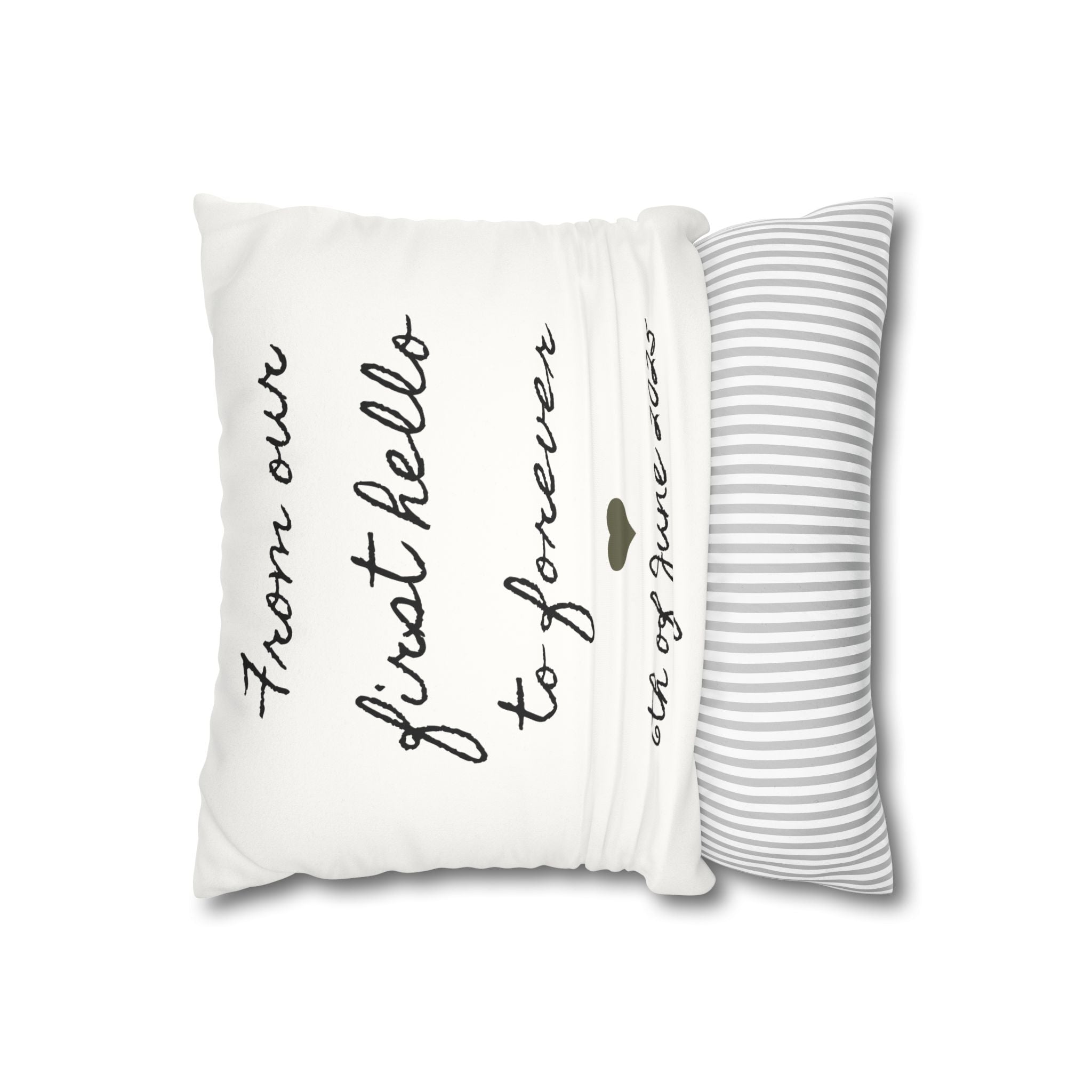 Personalized anniversary date pillow styled on a neutral living-room sofa