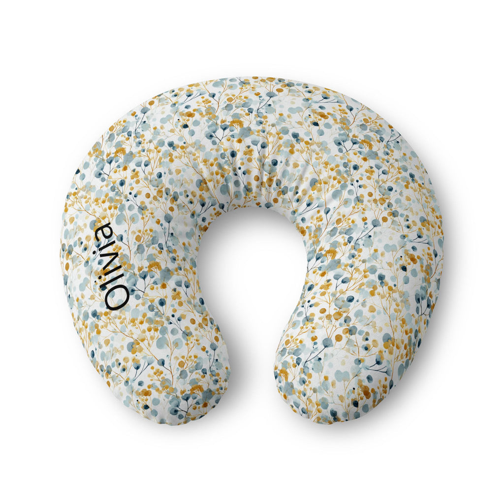 Personalized nursing pillow cover in a blue and mustard watercolour floral with a custom baby name