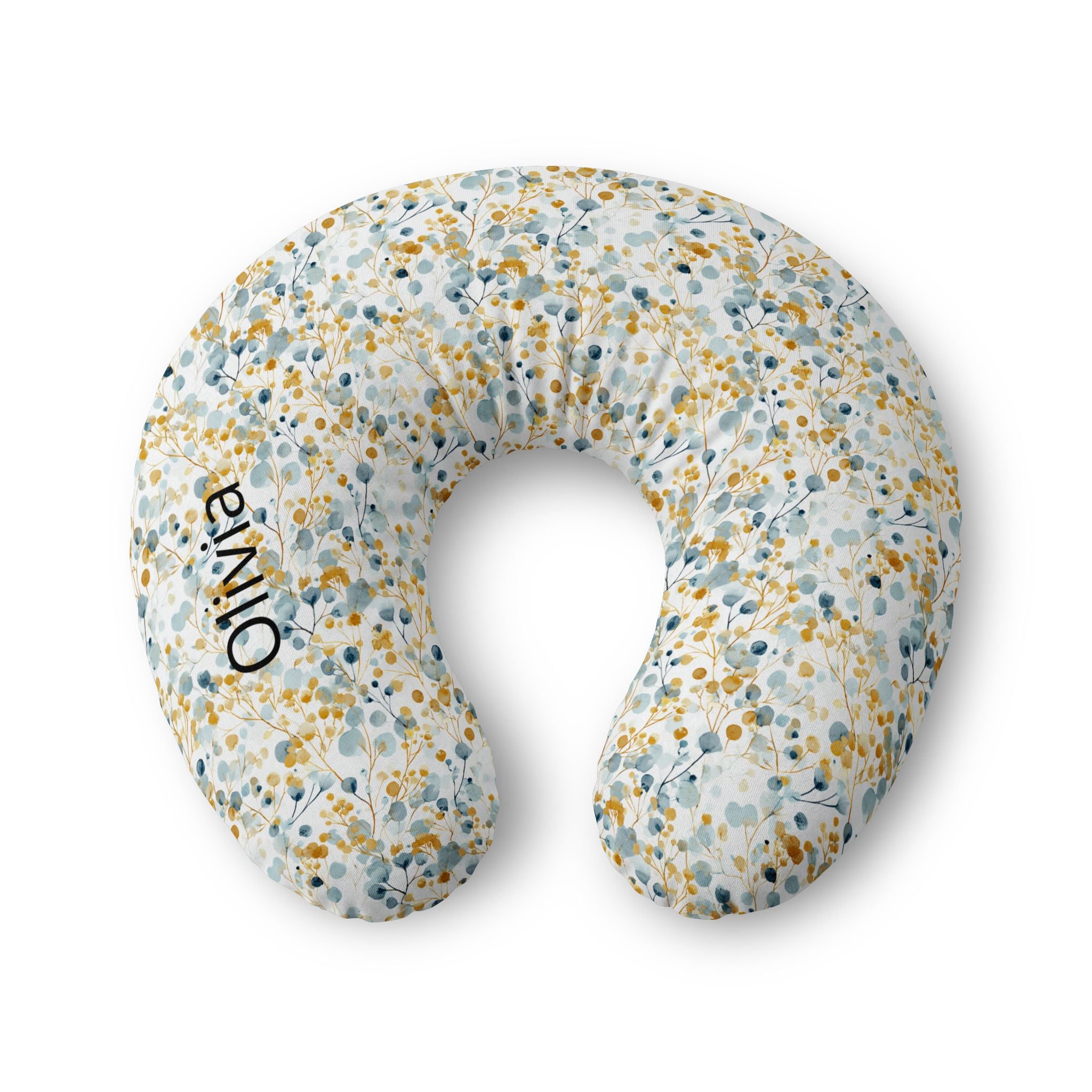 Personalized nursing pillow cover in a blue and mustard watercolour floral with a custom baby name