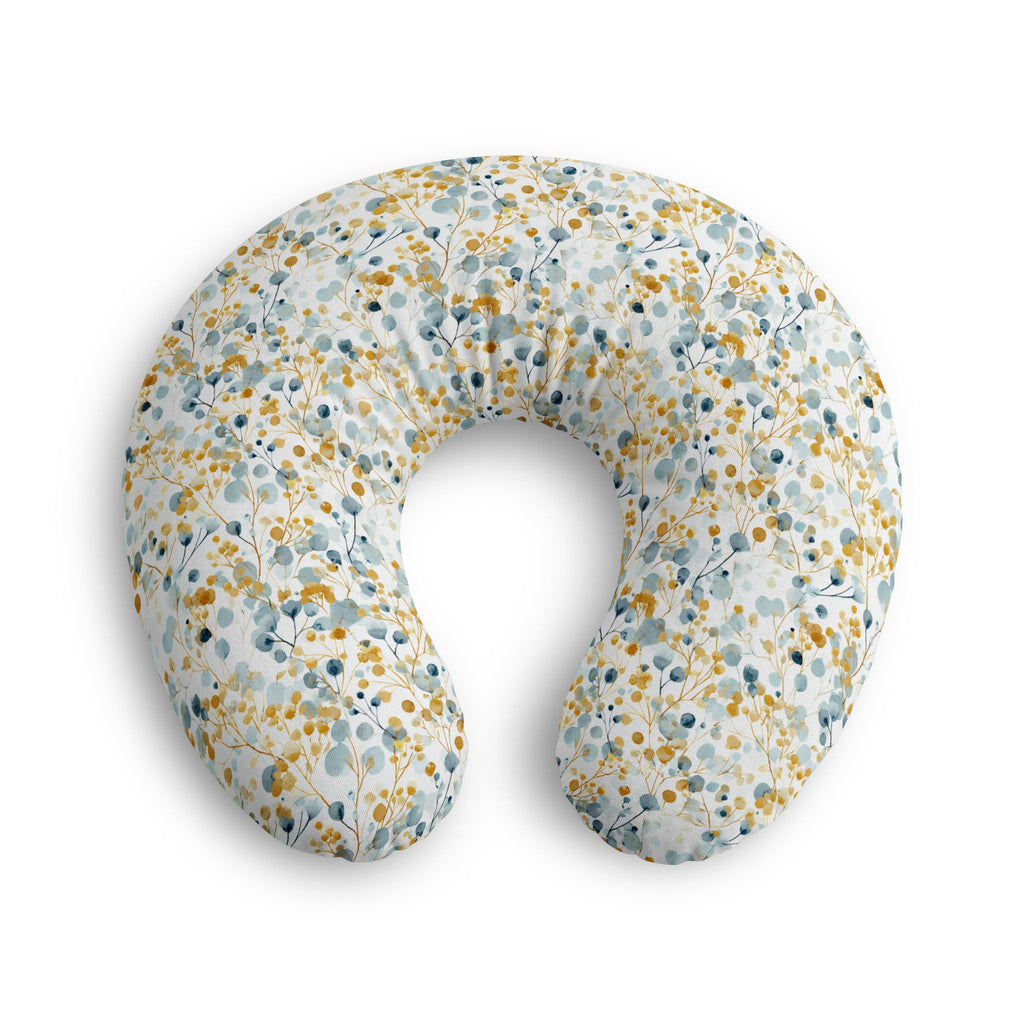 Blue and mustard floral nursing pillow cover shown from another angle