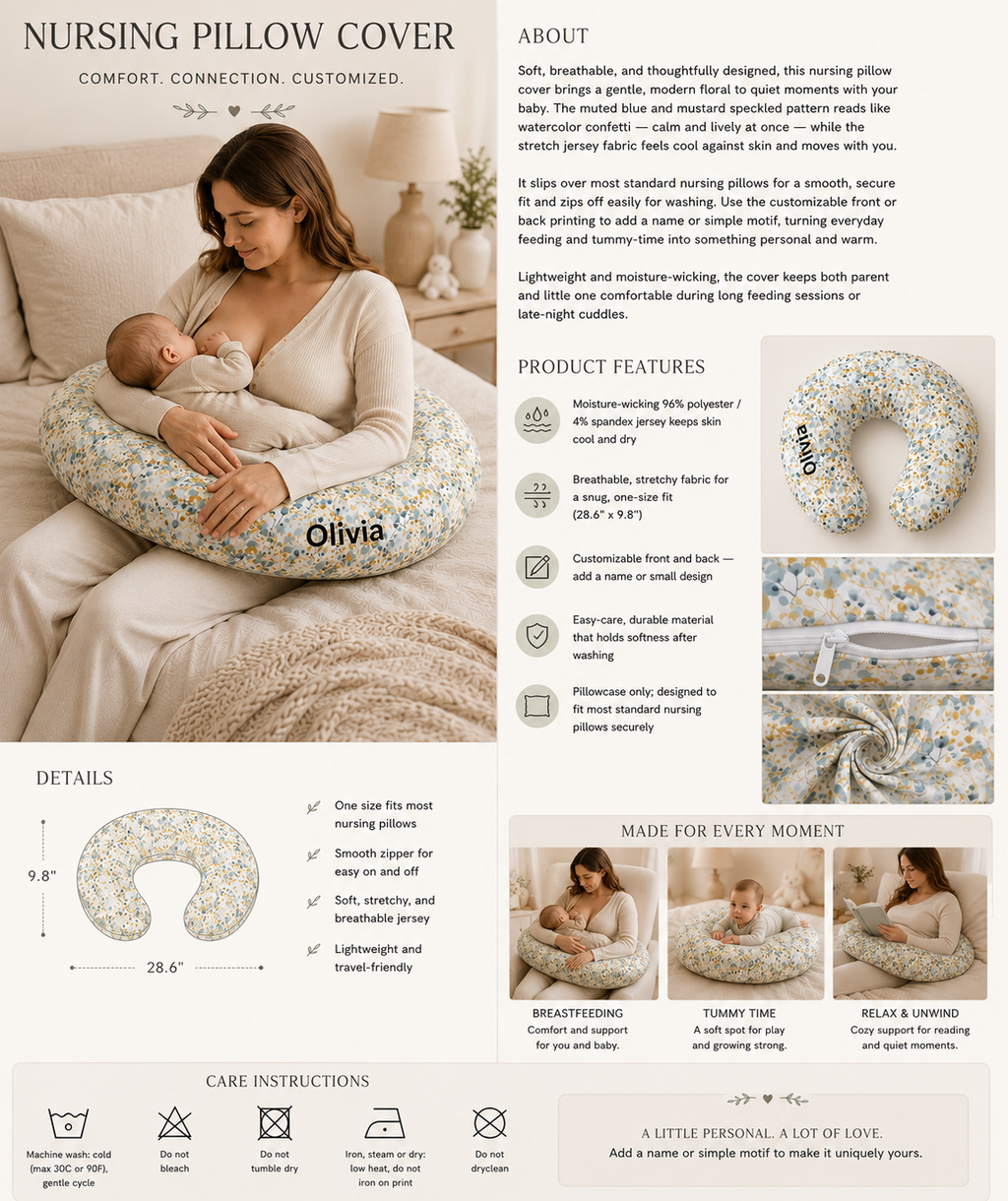 Close-up of the blue and mustard watercolour floral pattern on the nursing pillow cover