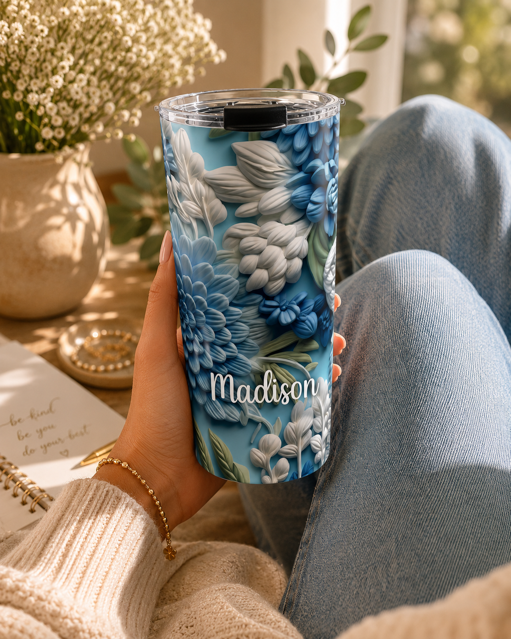 Personalized blue floral tumbler shown from another angle to display the wraparound design