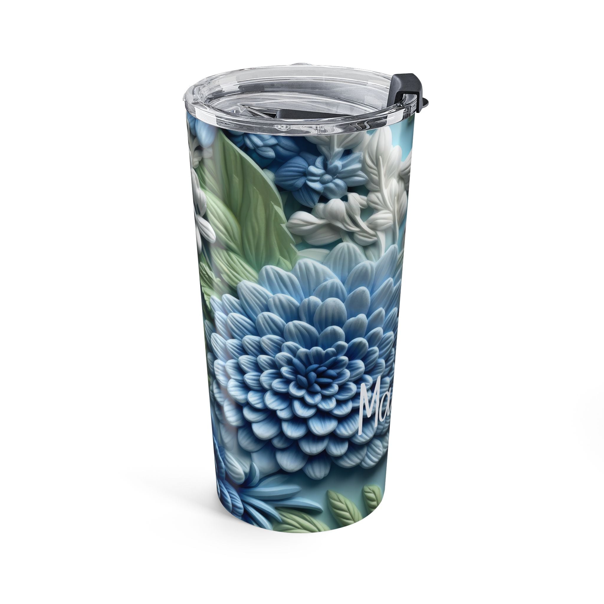 Personalized blue and white 3D floral 20oz tumbler with a name in white script