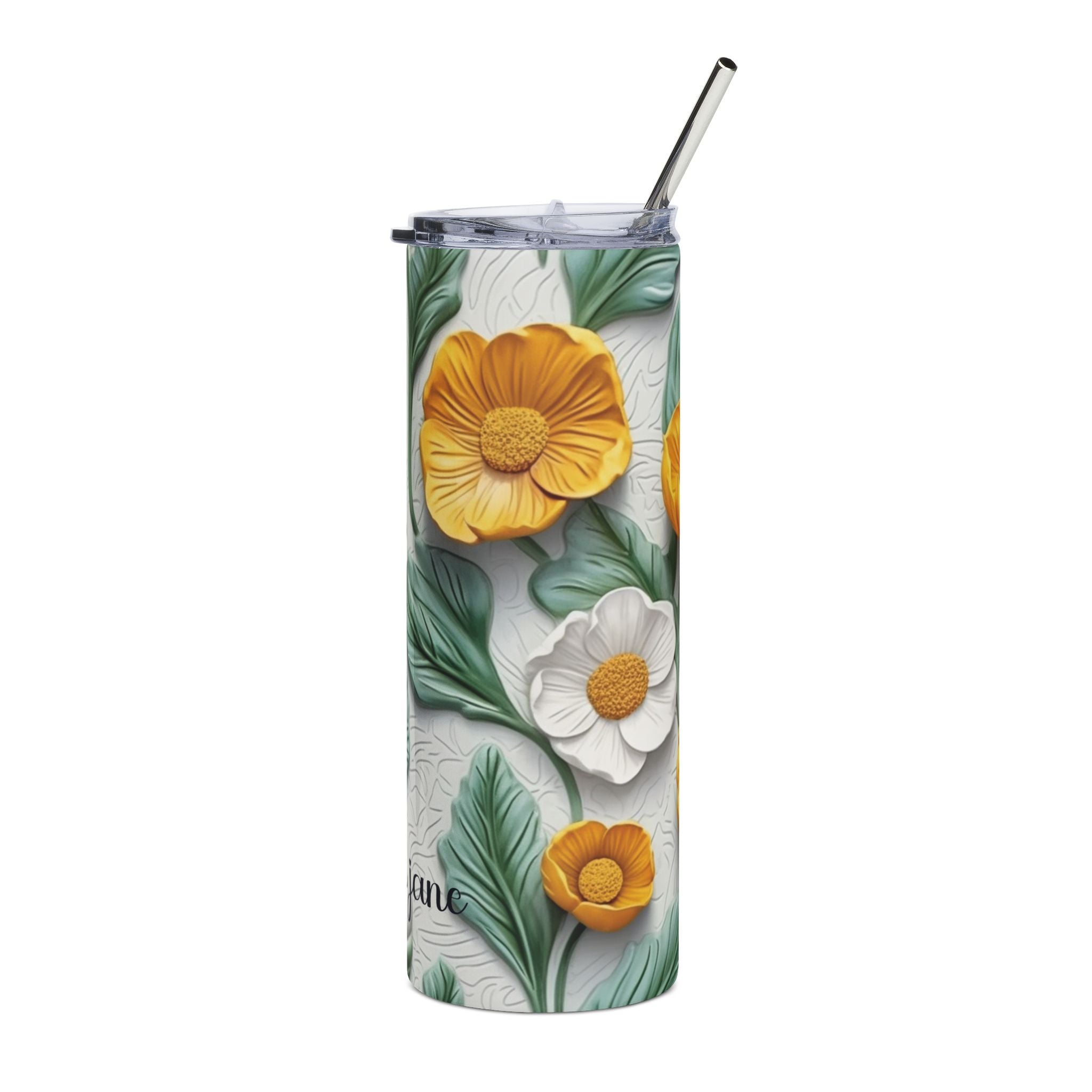 Personalized botanical floral tumbler shown from another angle to display the full design