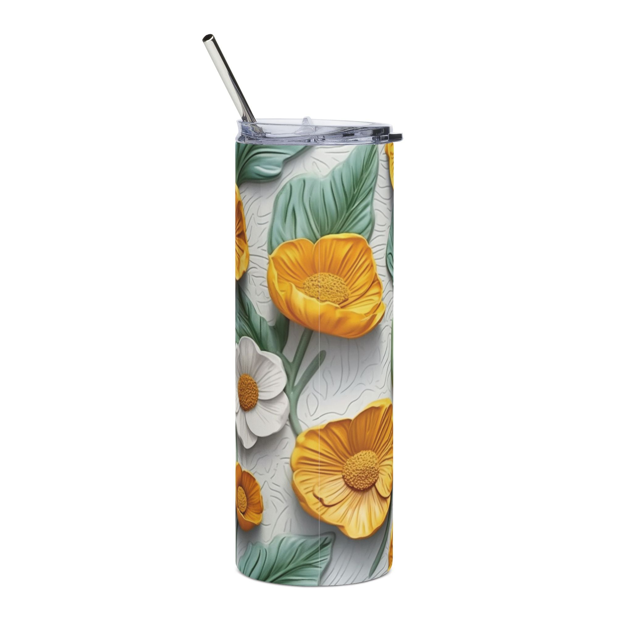 Close-up of the clear lid and metal straw on the botanical floral stainless steel tumbler