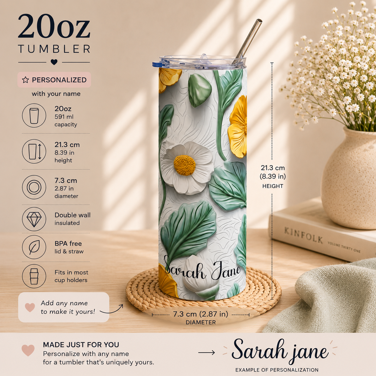 White and yellow floral name tumbler styled on a sunny desk in a lifestyle scene
