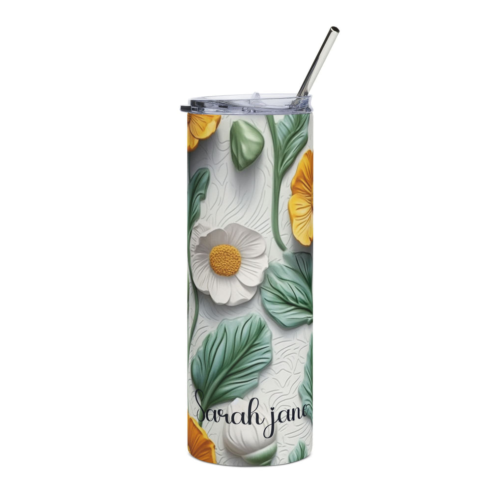 Personalized white and yellow floral skinny tumbler with metal straw and a name in dark script