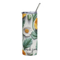 Personalized white and yellow floral skinny tumbler with metal straw and a name in dark script