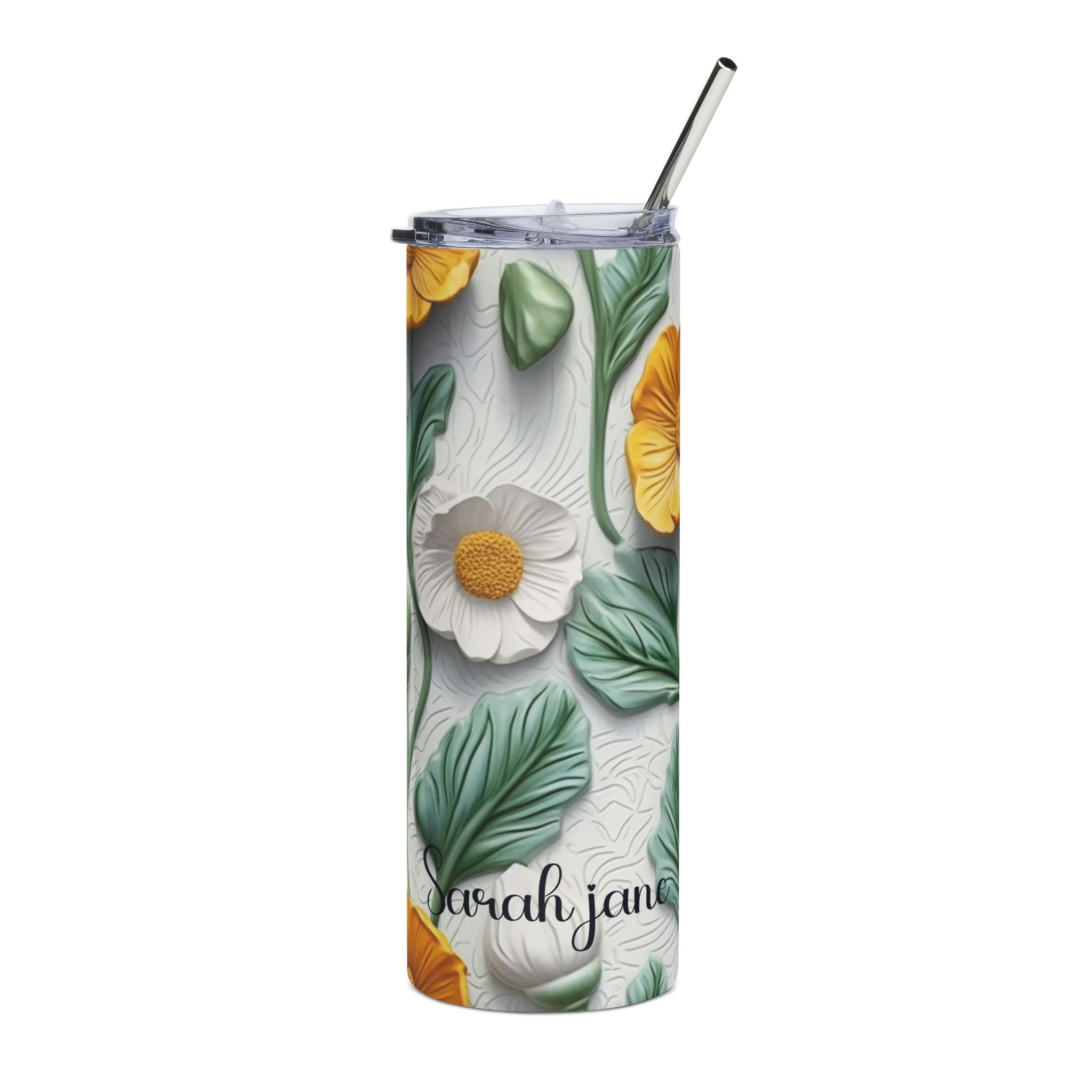 Personalized white and yellow floral skinny tumbler with metal straw and a name in dark script