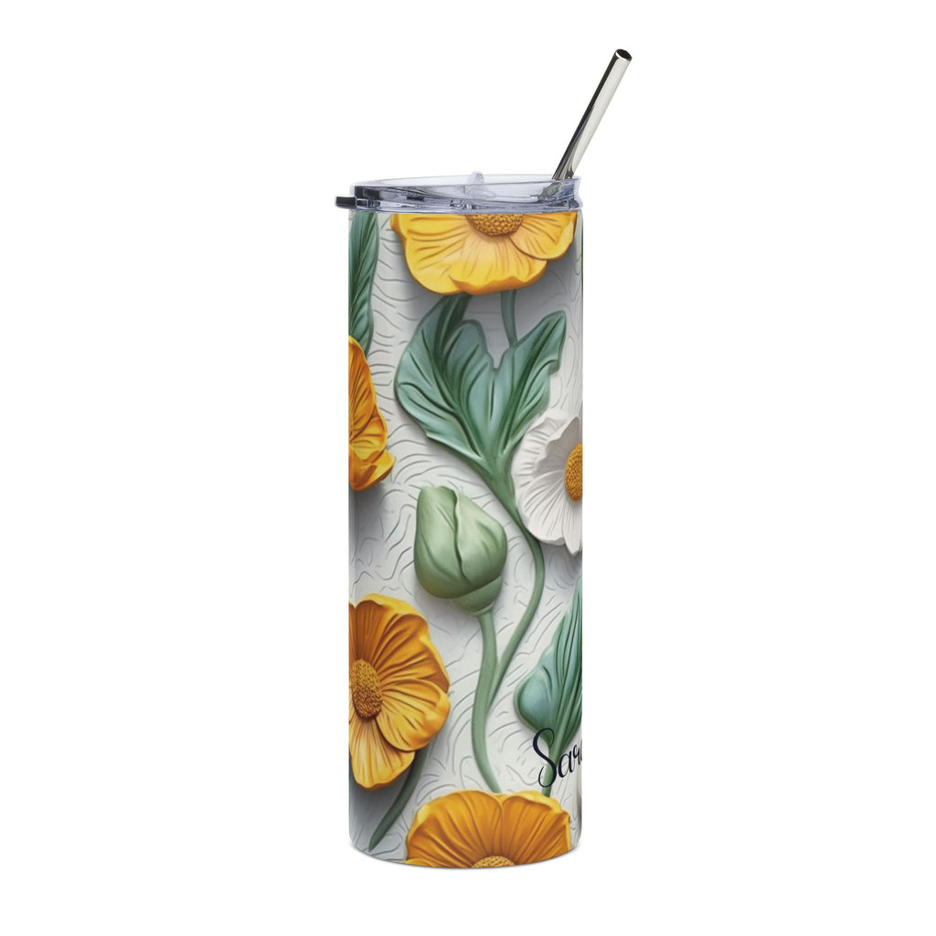 Side view of the botanical floral skinny tumbler showing sculpted blooms and green leaves
