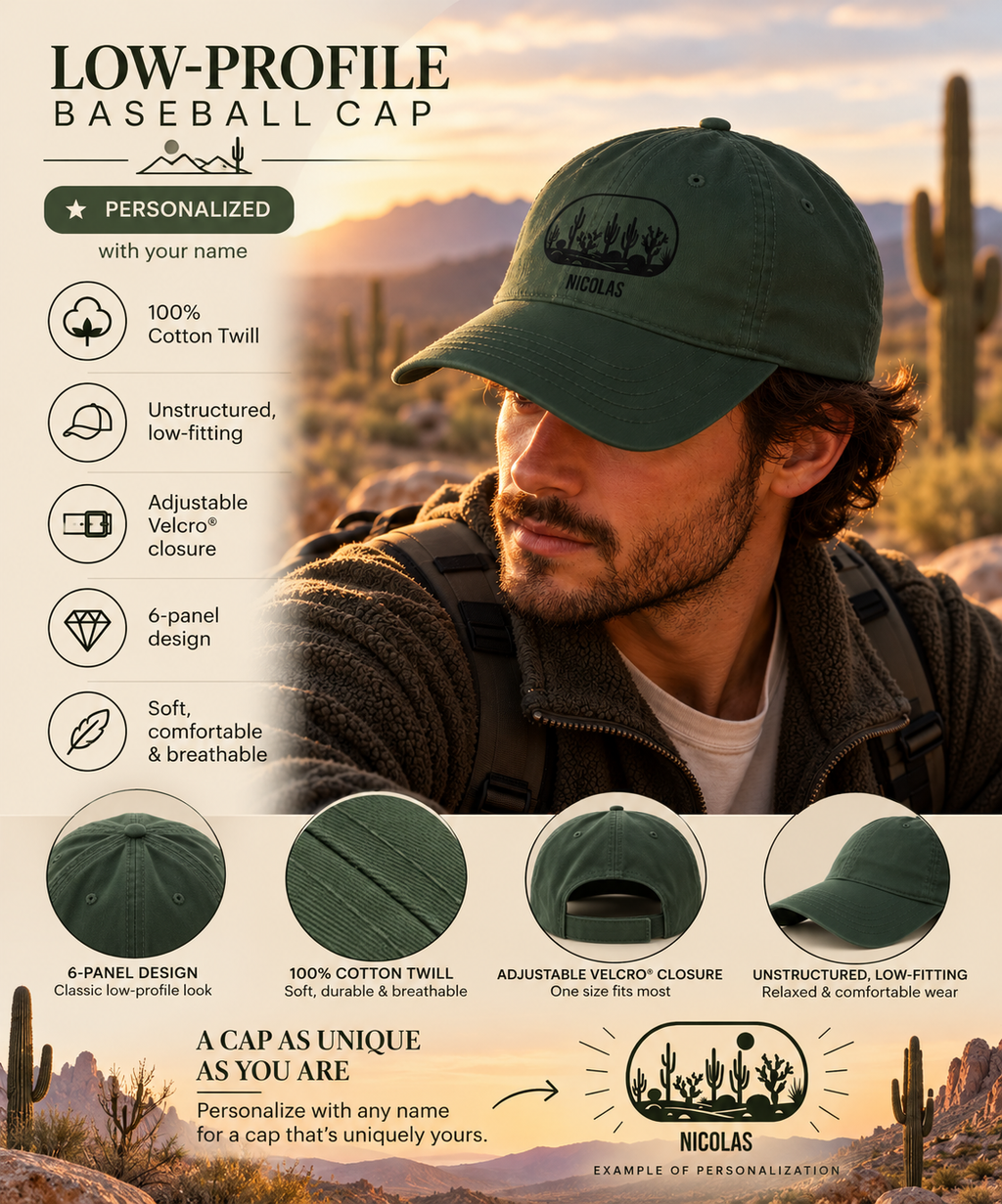 Infographic of the personalized cactus silhouette cap: 100% cotton twill, 6-panel unstructured low-profile fit, adjustable Velcro closure