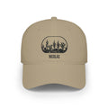 Khaki personalized cactus silhouette cap with silhouette of a row of desert cacti and boulders in a rounded frame and the name Nicolas, front view