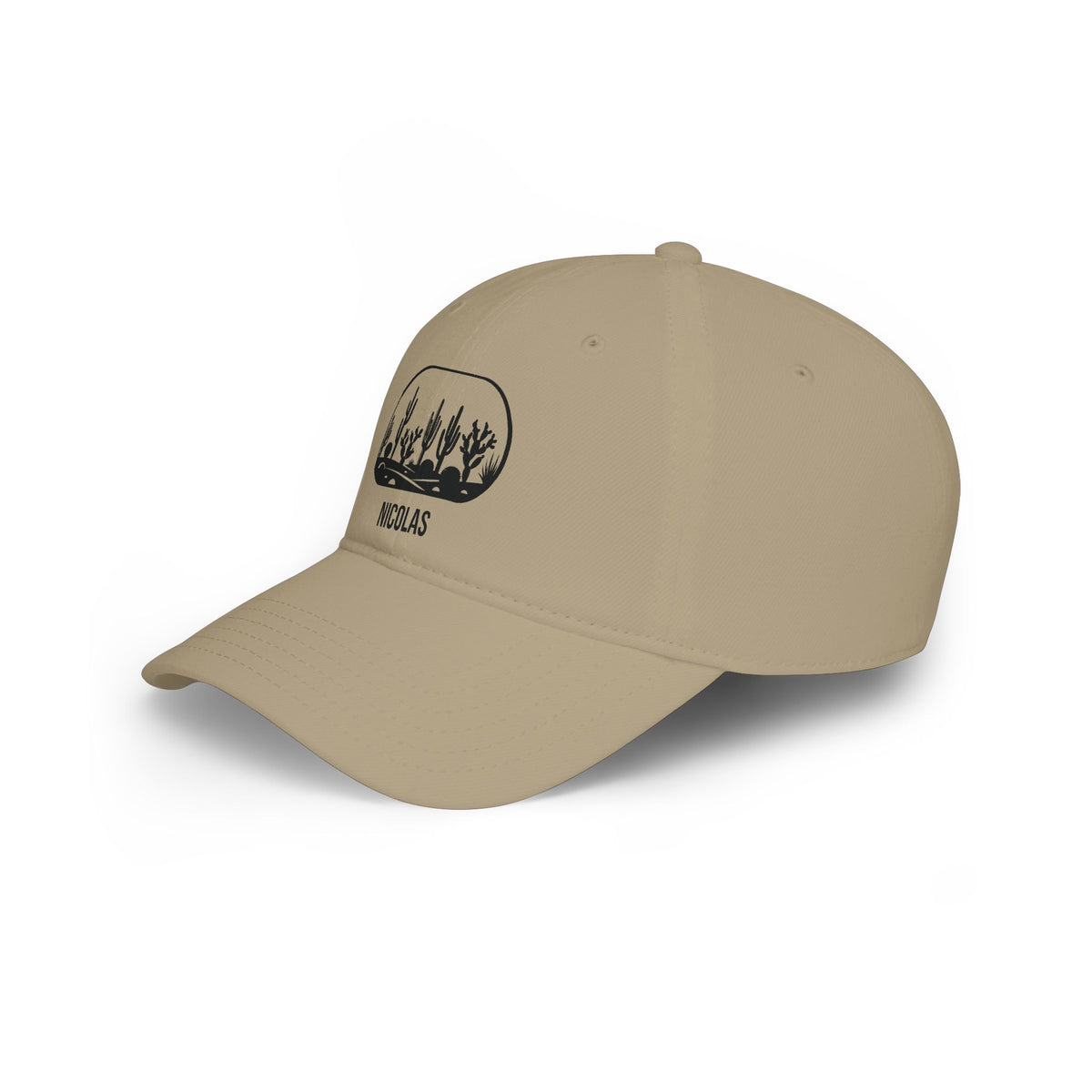 Khaki personalized cactus silhouette cap, left side view of the low-profile 6-panel fit