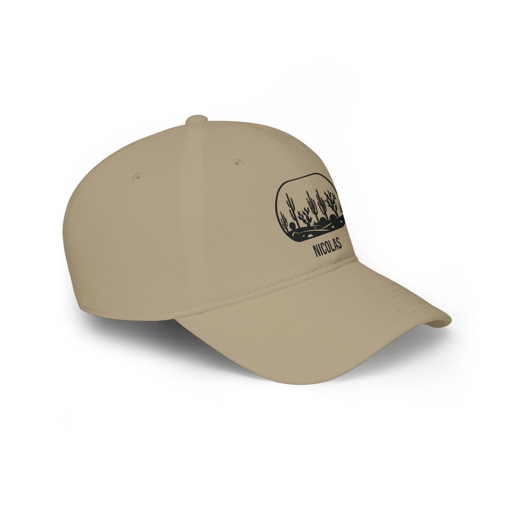 Khaki personalized cactus silhouette cap, right side view of the low-profile 6-panel fit