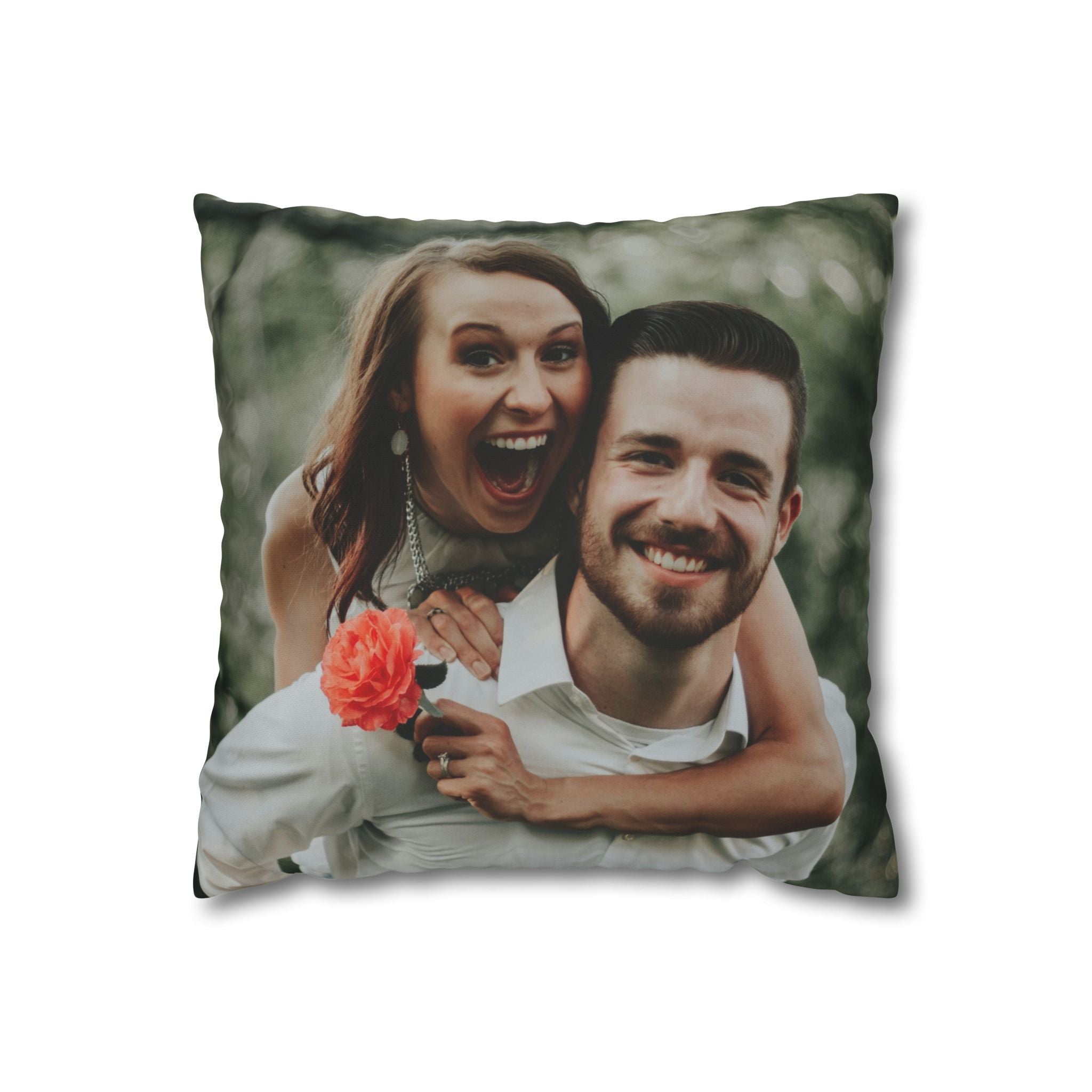 Personalized canvas photo pillow showing a couple's uploaded photo printed in full color