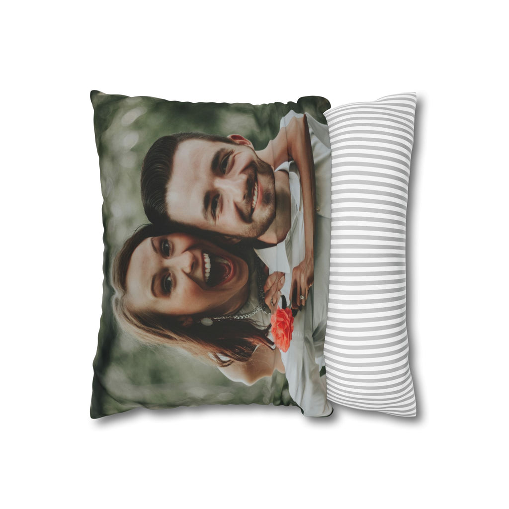 Personalized couple's photo pillow styled on a living-room sofa