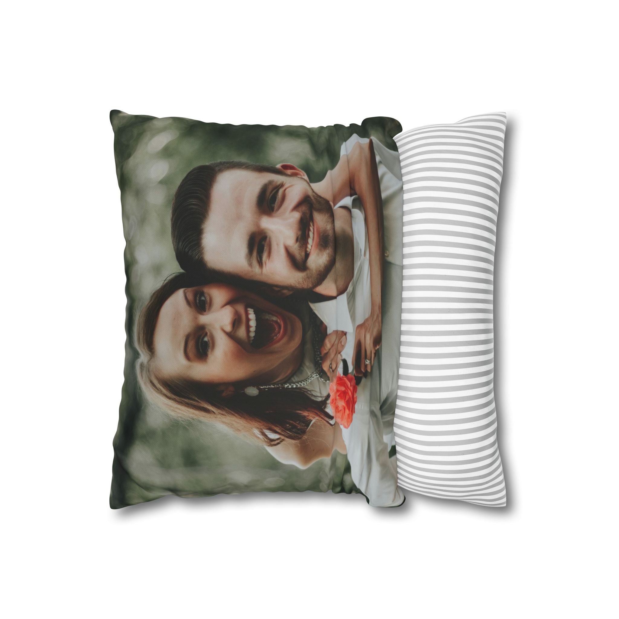 Personalized couple's photo pillow styled on a living-room sofa