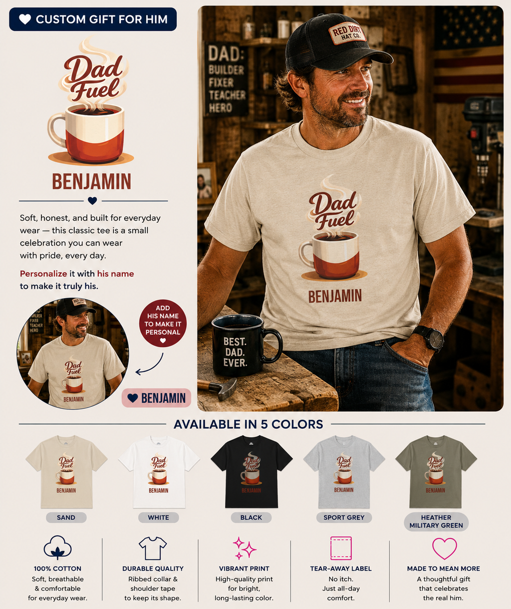 A promotional graphic for a custom 'Dad Fuel' t-shirt featuring a man wearing a white t-shirt with a brown coffee cup graphic and the name 'BENJAMIN'. The layout includes product details, a custom gift offer, a black mug, and a row of color options at the bottom.
