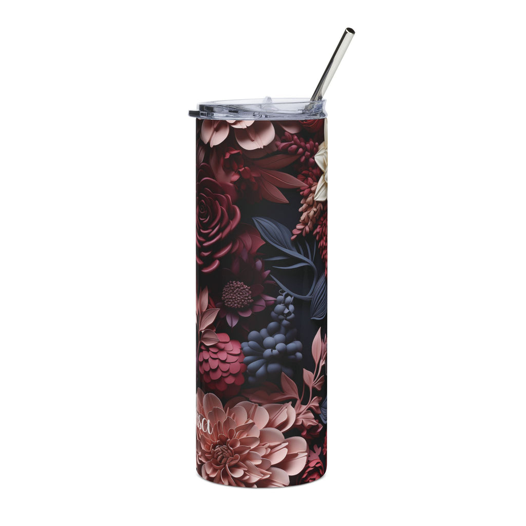 Personalized dark floral tumbler shown from another angle to display the full moody design