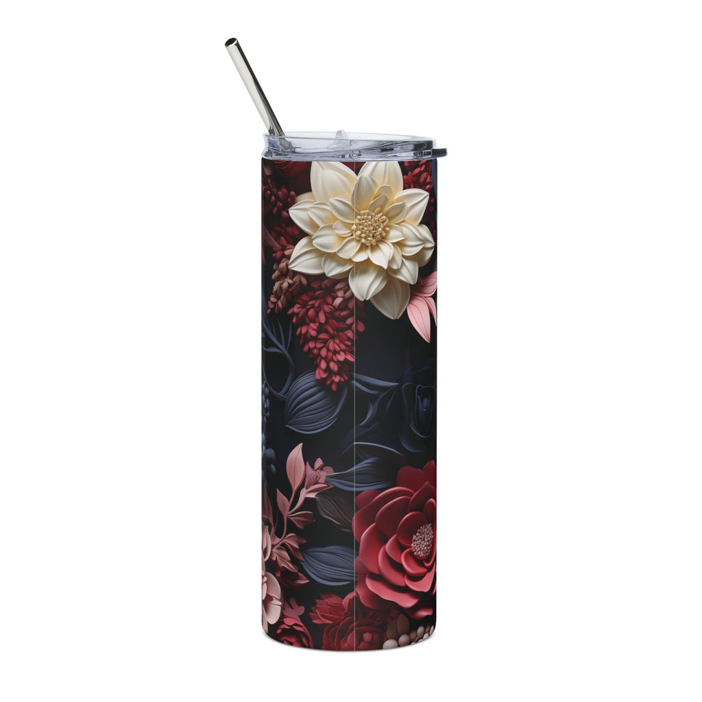 Close-up of the clear lid and metal straw on the dark floral stainless steel tumbler